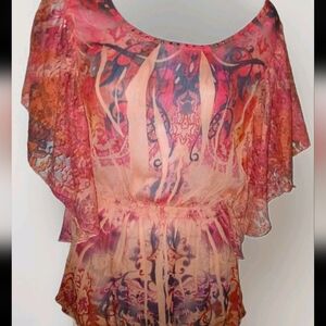 Dressbarn - Women's Sheer Pink Multicolor, Lightweight Flare Arm Medium Blouse